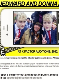Jedward & I Donna Africa Zulu warrior featured on famous Artist Alison Jackson website http://www.alisonjackson.com/jedward-spotted-look-at-which-celebrities-our-readers-snapped-while-out-and-about/#m