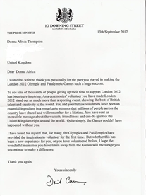 My Thank you letter from PM David Cameron for my participation in the London 2012 Olympic Games